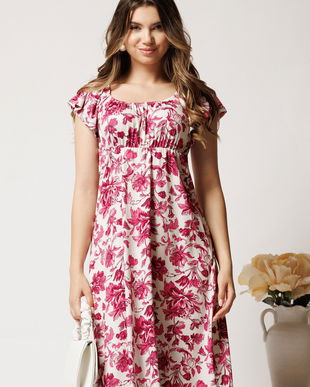 Rochie midi alba din lycra cu imprimeuri fucsia