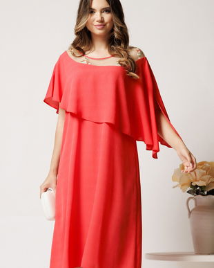 Rochie midi corai din voal dreapta cu volan si broderie pe bust