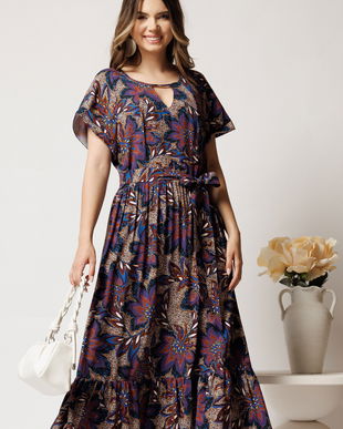 Rochie midi bleumarin din viscoza in clos cu imprimeu maro si cordon in talie