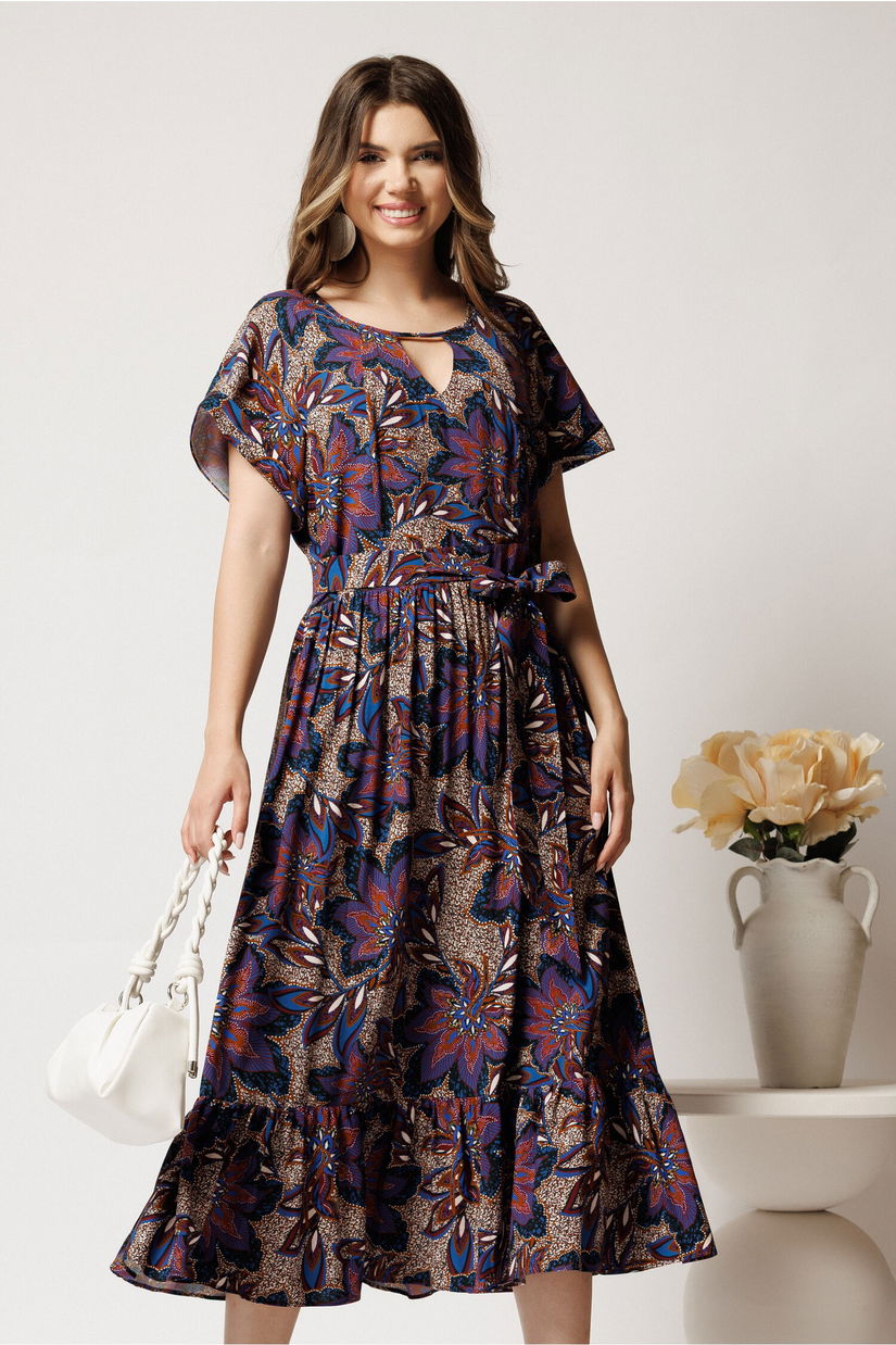 Rochie midi bleumarin din viscoza in clos cu imprimeu maro si cordon in talie