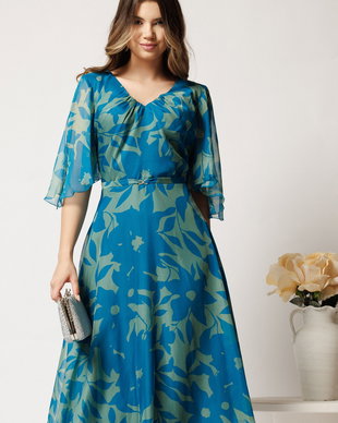 Rochie midi verde din voal cu imprimeu turcoaz si maneci vaporoase- Viada