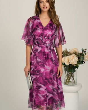 Rochie midi magenta din voal in clos cu imprimeuri si maneci vaporoase