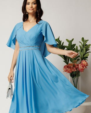 Rochie midi bleu din voal in clos cu strasuri in talie