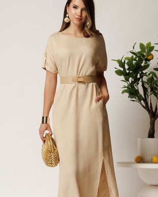 Rochie midi bej din tencel croi drept si curea in talie