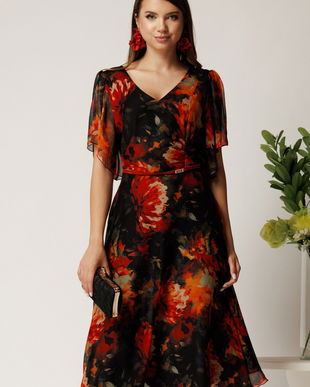 Rochie midi neagra din voal in clos cu imprimeuri maro