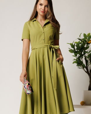 Rochie DY Fashion midi verde lime din stofa subtire cu cordon si buzunare