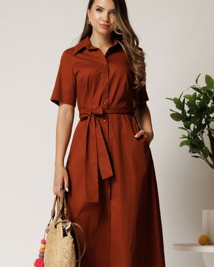 Rochie midi maro din bumbac in clos cu cordon in talie