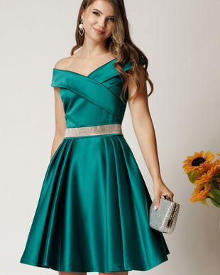 Rochie Nova scurta turcoaz din tafta in clos cu strasuri in talie