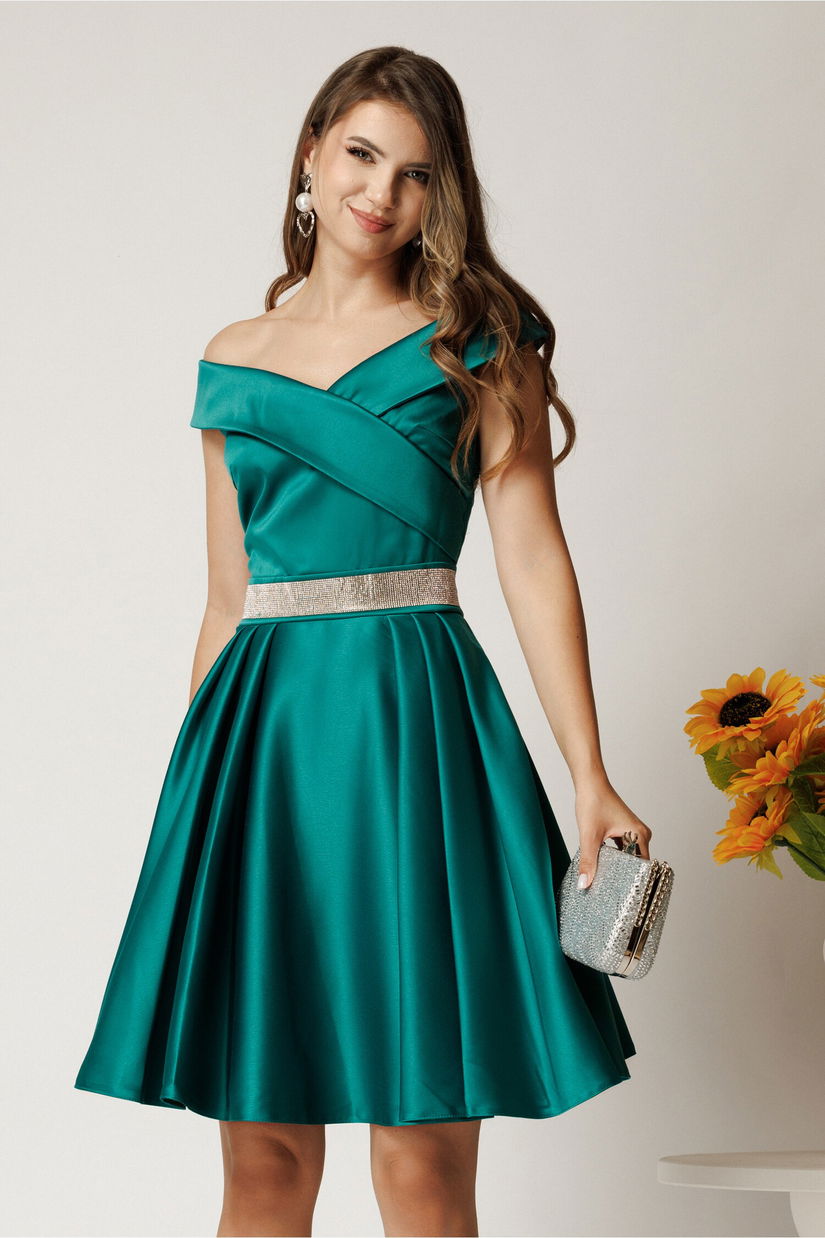Rochie Nova scurta turcoaz din tafta in clos cu strasuri in talie