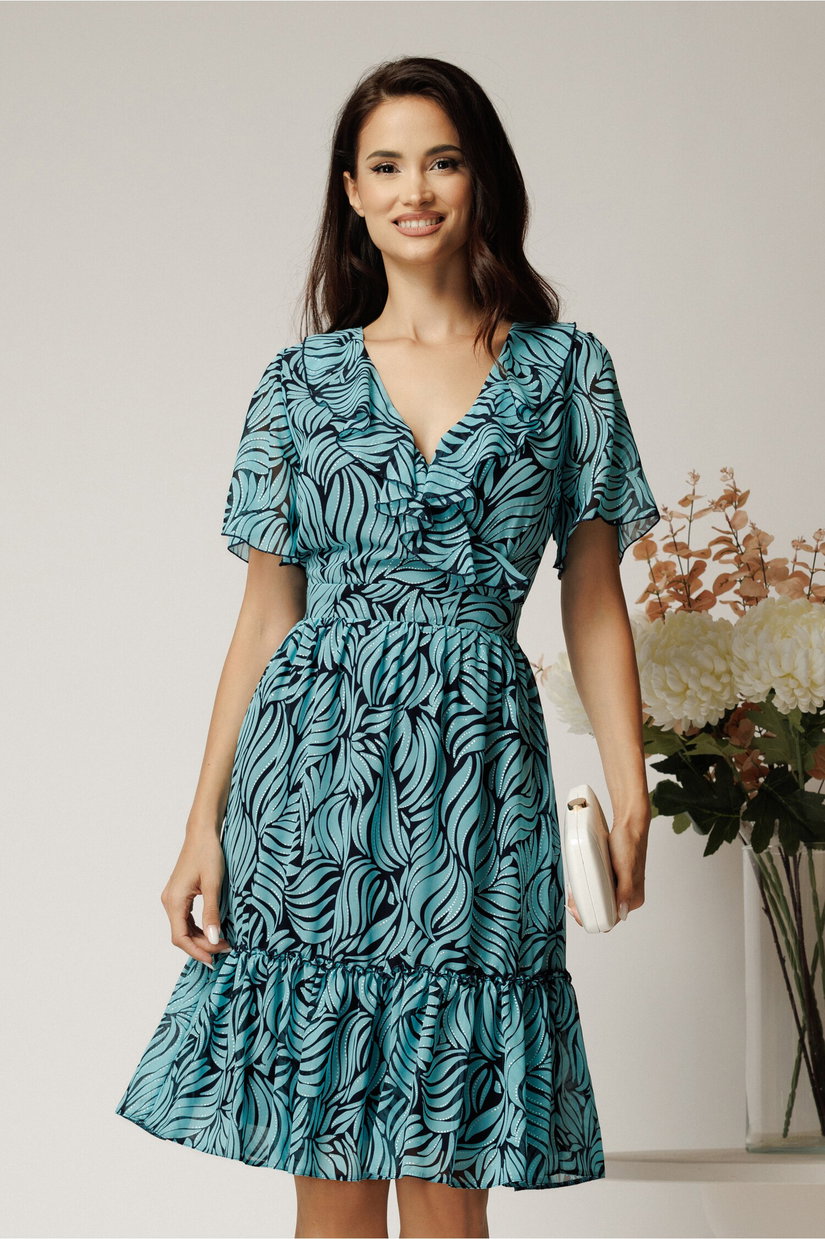 Rochie midi turcoaz din voal cu imprimeu si volane