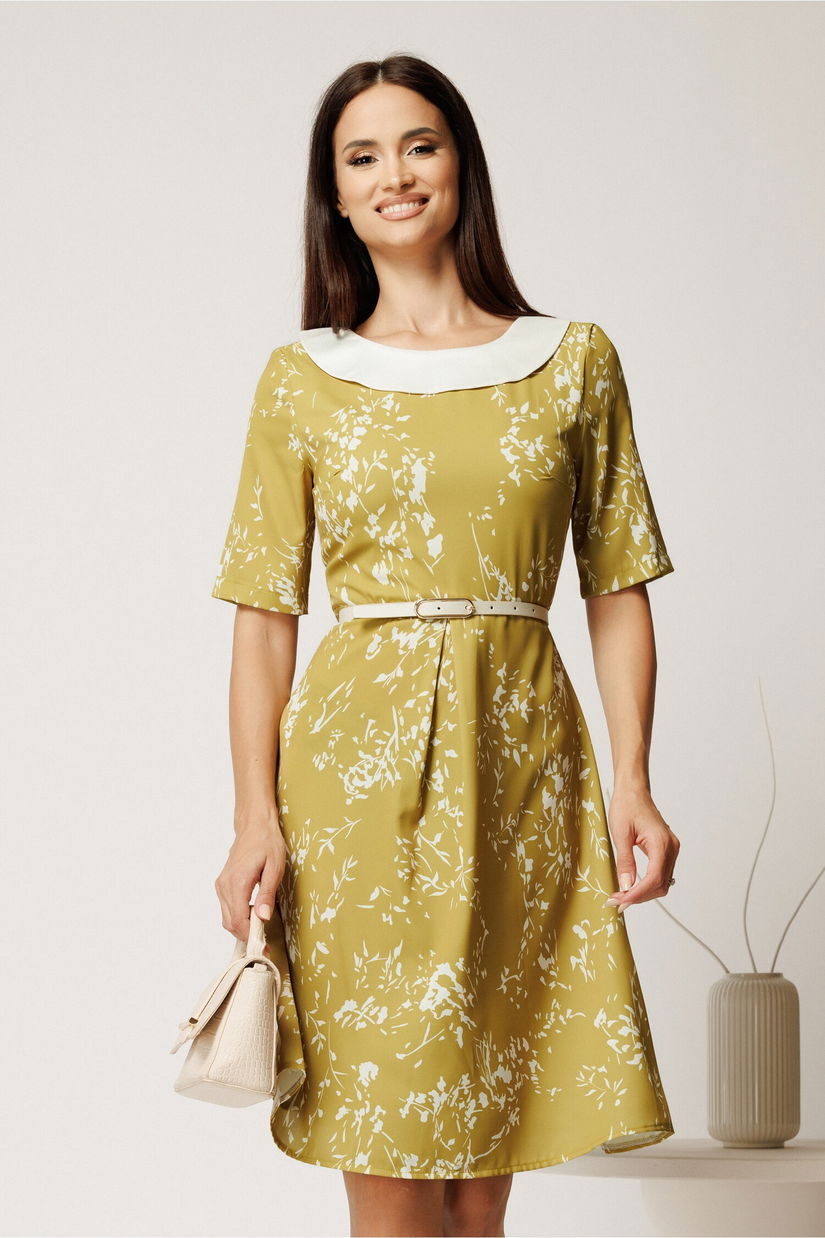 Rochie scurta galben mustar din triplu voal cu imprimeu alb si curea in talie