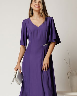 Rochie midi mov din voal cu croi in clini si strasuri in talie