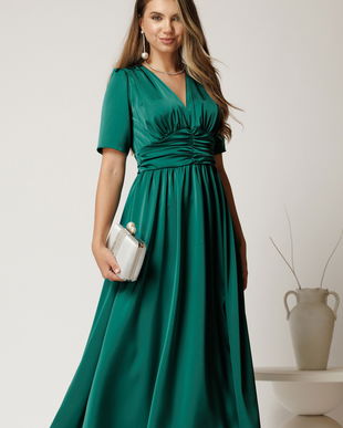 Rochie midi verde din satin cu talie marcata