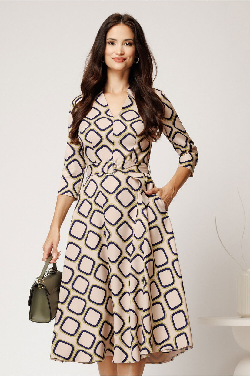 Rochie midi bej din crep cu imprimeu geometric lime si cordon in talie