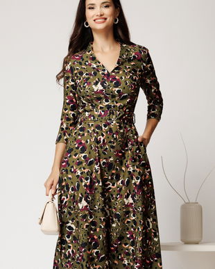 Rochie midi kaki din crep cu imprimeu magenta si cordon in talie