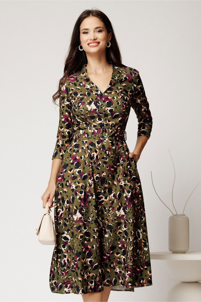 Rochie midi kaki din crep cu imprimeu magenta si cordon in talie