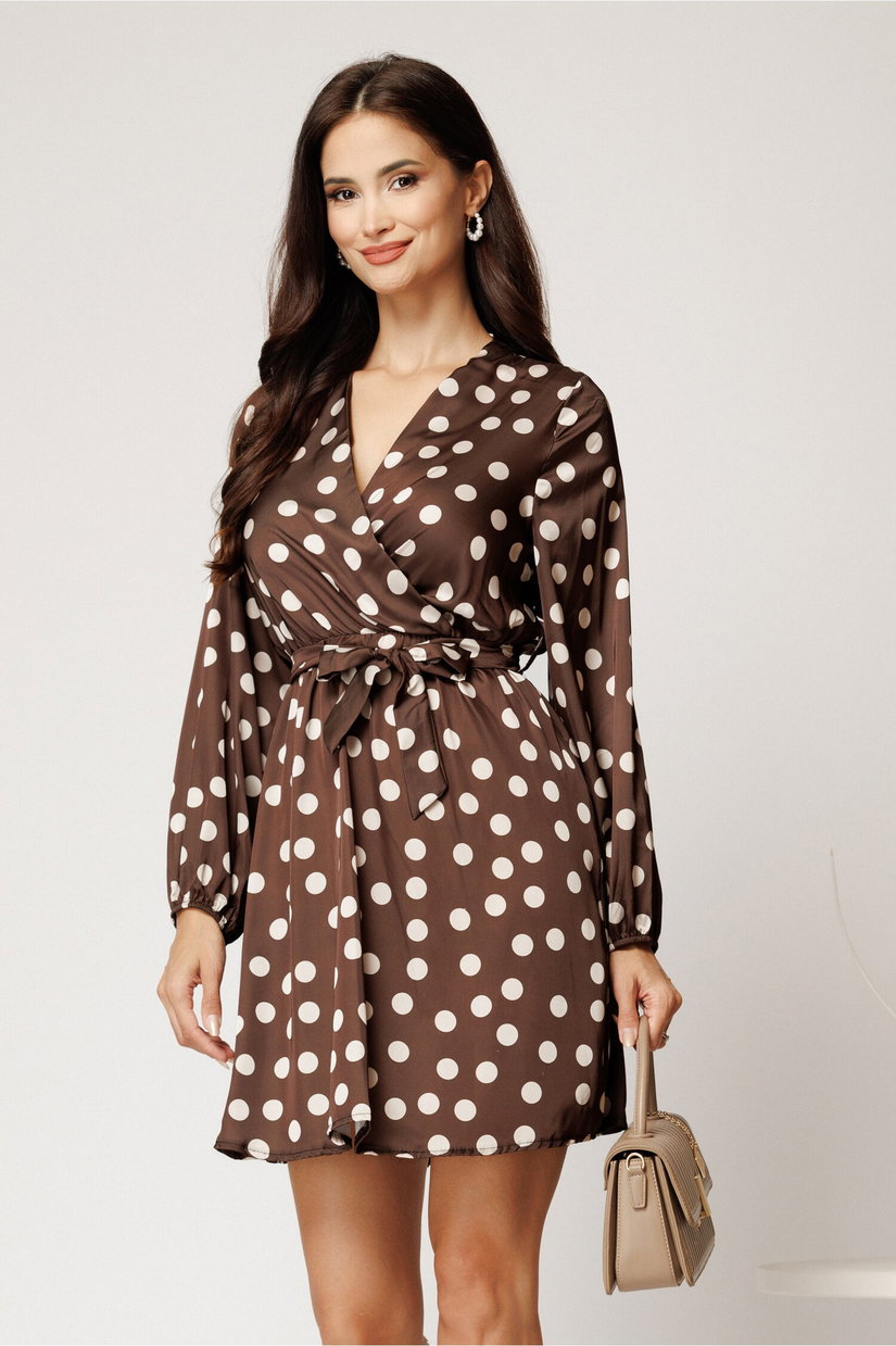 Rochie scurta maro din satin cu buline albe si cordon in talie