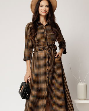 Rochie midi tip camasa maro cu imprimeuri pepit si curea in talie