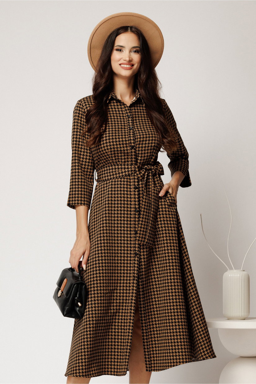 Rochie midi tip camasa maro cu imprimeuri pepit si curea in talie