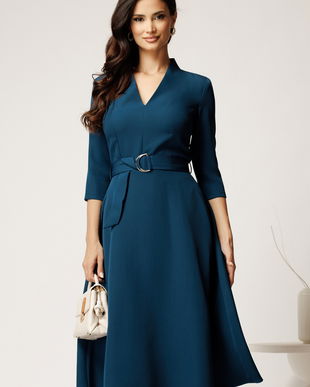 Rochie midi albastru petrol din stofa cu cordon in talie