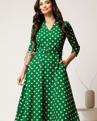 Rochie midi verde cu buline din stofa cu cordon in talie