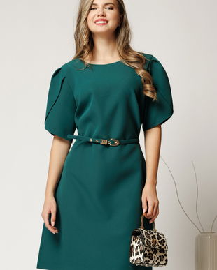 Rochie scurta verde din stofa cu maneci tip lalea si curea in talie