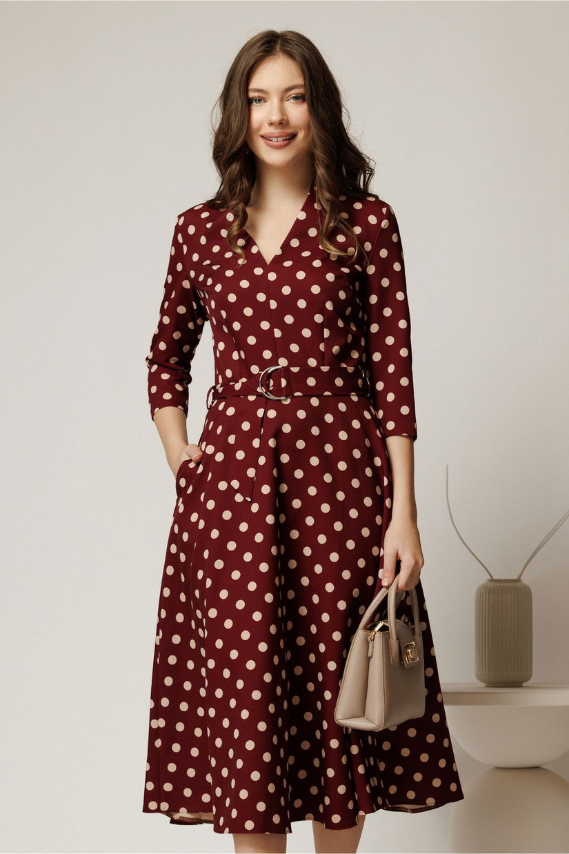 Rochie midi bordo cu buline din stofa cu cordon in talie