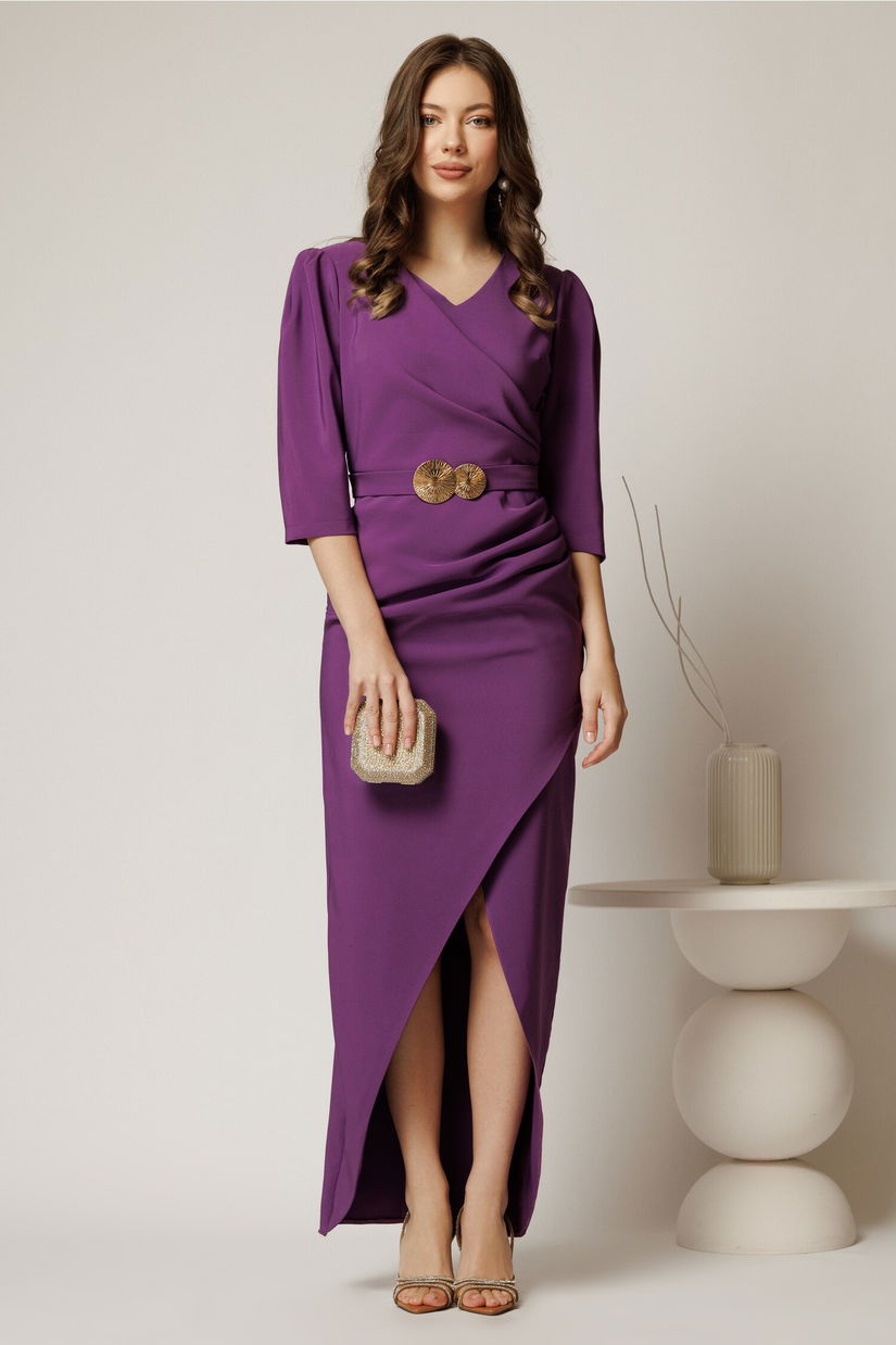 Rochie lunga mov de ocazie cu fronseuri si cordon cu catarama in talie