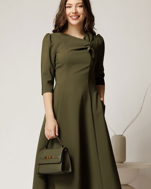 Rochie office din stofa kaki cu funda la bust