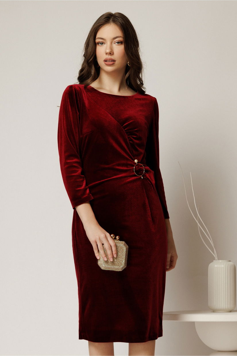 Rochie midi bordo de ocazie din catifea cu accesoriu talie