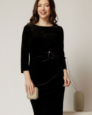 Rochie midi neagra de ocazie din catifea cu accesoriu talie