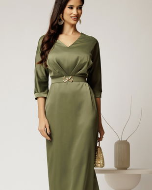 Rochie midi verde satinata cu decolteu in V