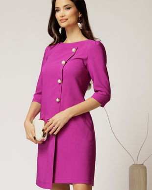 Rochie office din stofa magenta cu nasturi perlati