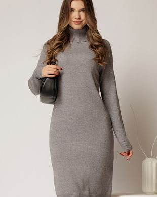 Rochie midi gri din tricot cu guler intors