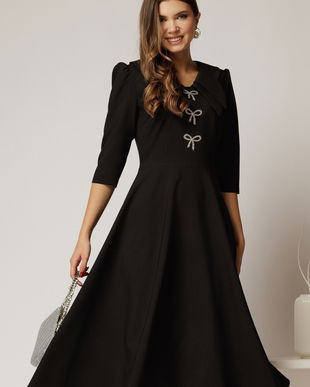 Rochie midi neagra cu guler dublu si funde argintii