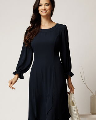 Rochie midi bleumarin din voal cu croi in clini si volane la baza