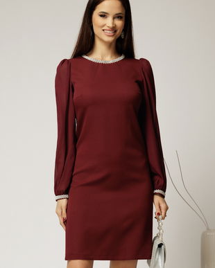 Rochie DY Fashion bordo eleganta cu maneci din voal si aplicatii la decolteu