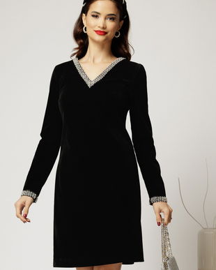 Rochie DY Fashion neagra din catifea fixa cu perle la decolteu si maneci