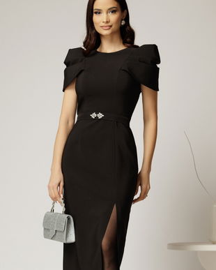 Rochie DY Fashion midi neagra de ocazie cu umeri bufanti si cordon detasabil
