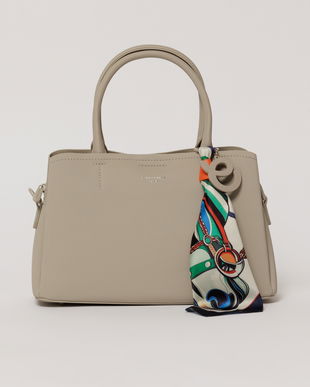 Geanta gri deschis cu esarfa decorativa multicolora