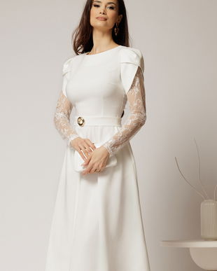 Rochie midi alba cu maneci din dantela si cordon detasabil