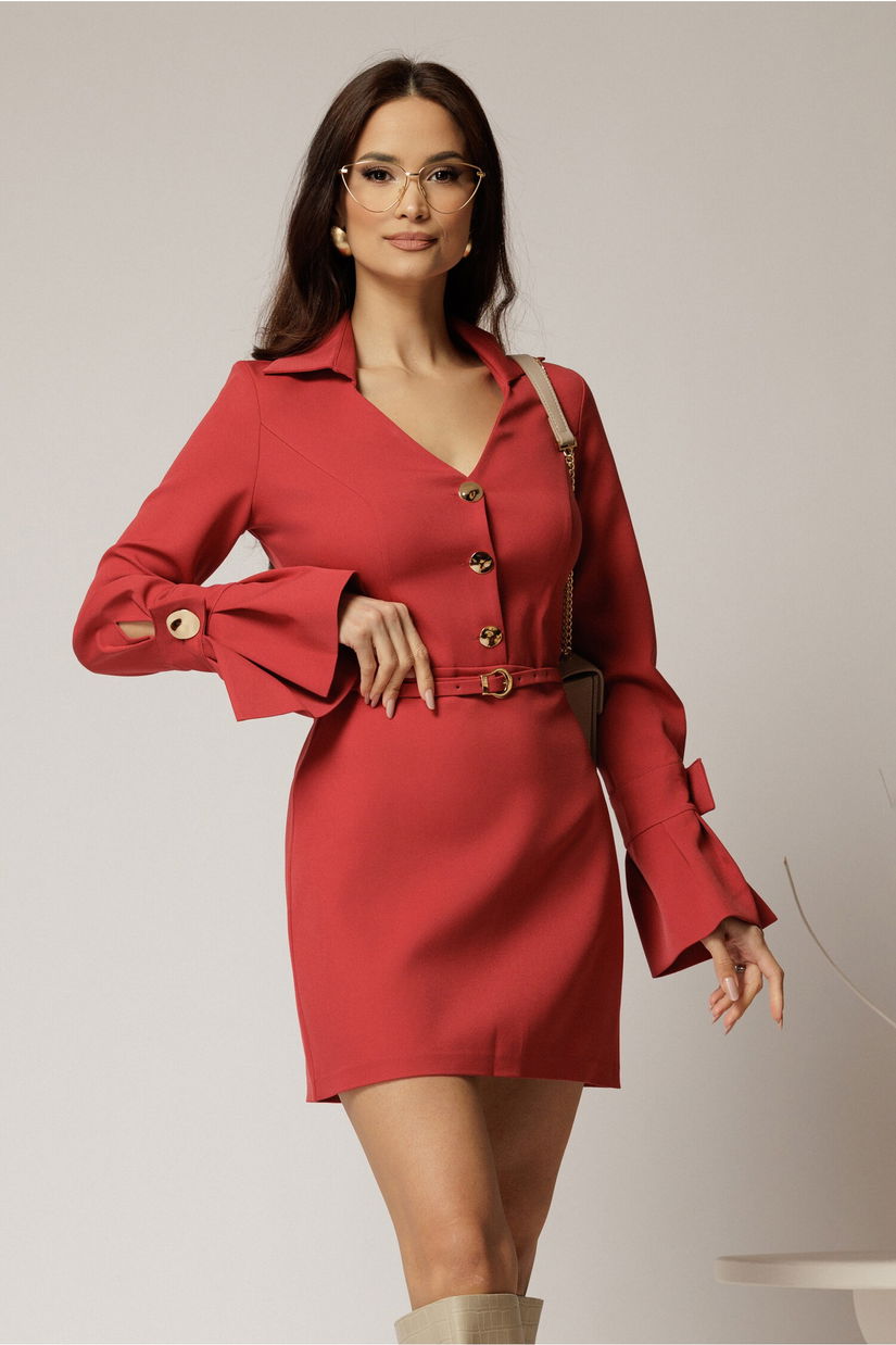 Rochie DY Fashion caramizie cu maneci evazate si decolteu cu guler