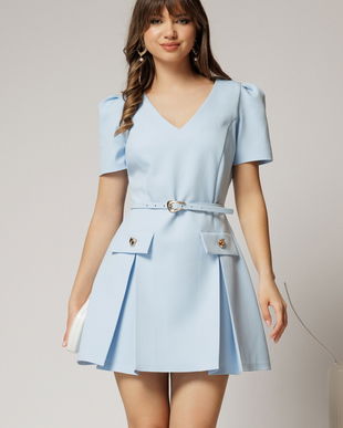 Rochie DY Fashion scurta bleu cu pliuri si decolteu in V