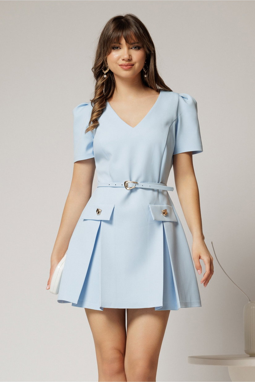 Rochie DY Fashion scurta bleu cu pliuri si decolteu in V