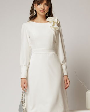 Rochia DY Fashion alba cu mansete din paiete si funda ampla pe umar