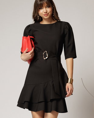 Rochie DY Fashion neagra scurta cu volanase pe fusta si cordon detasabil