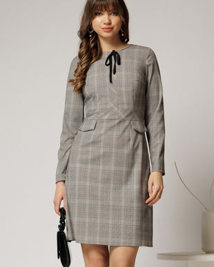 Rochie scurta gri cu carouri snur la guler si fusta tip A