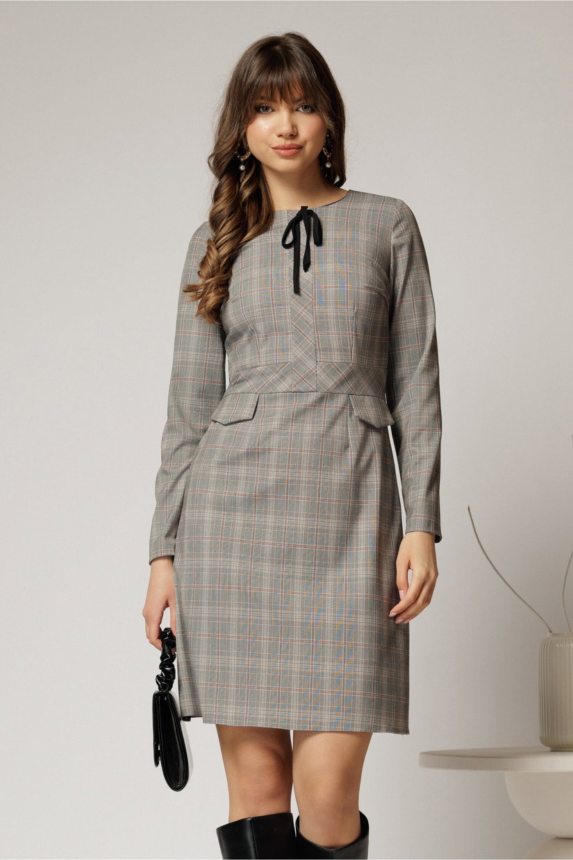 Rochie scurta gri cu carouri snur la guler si fusta tip A