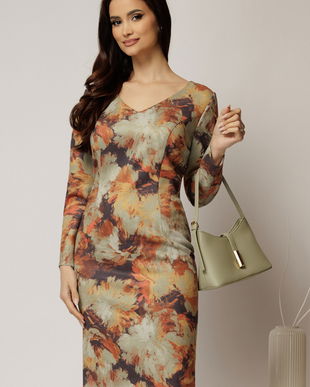 Rochie midi dreapta cu imprimeu verde fistic si oranj