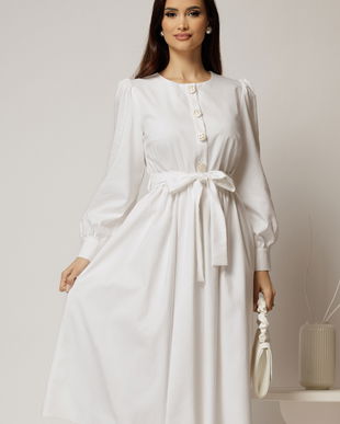 Rochie DY Fashion midi alba din bumbac cu nasturi pe bust si cordon in talie